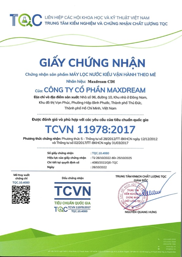 Chứng nhận tiêu chuẩn máy lọc nước quốc gia TCVN 11978:2017 trao tặng cho Maxdream