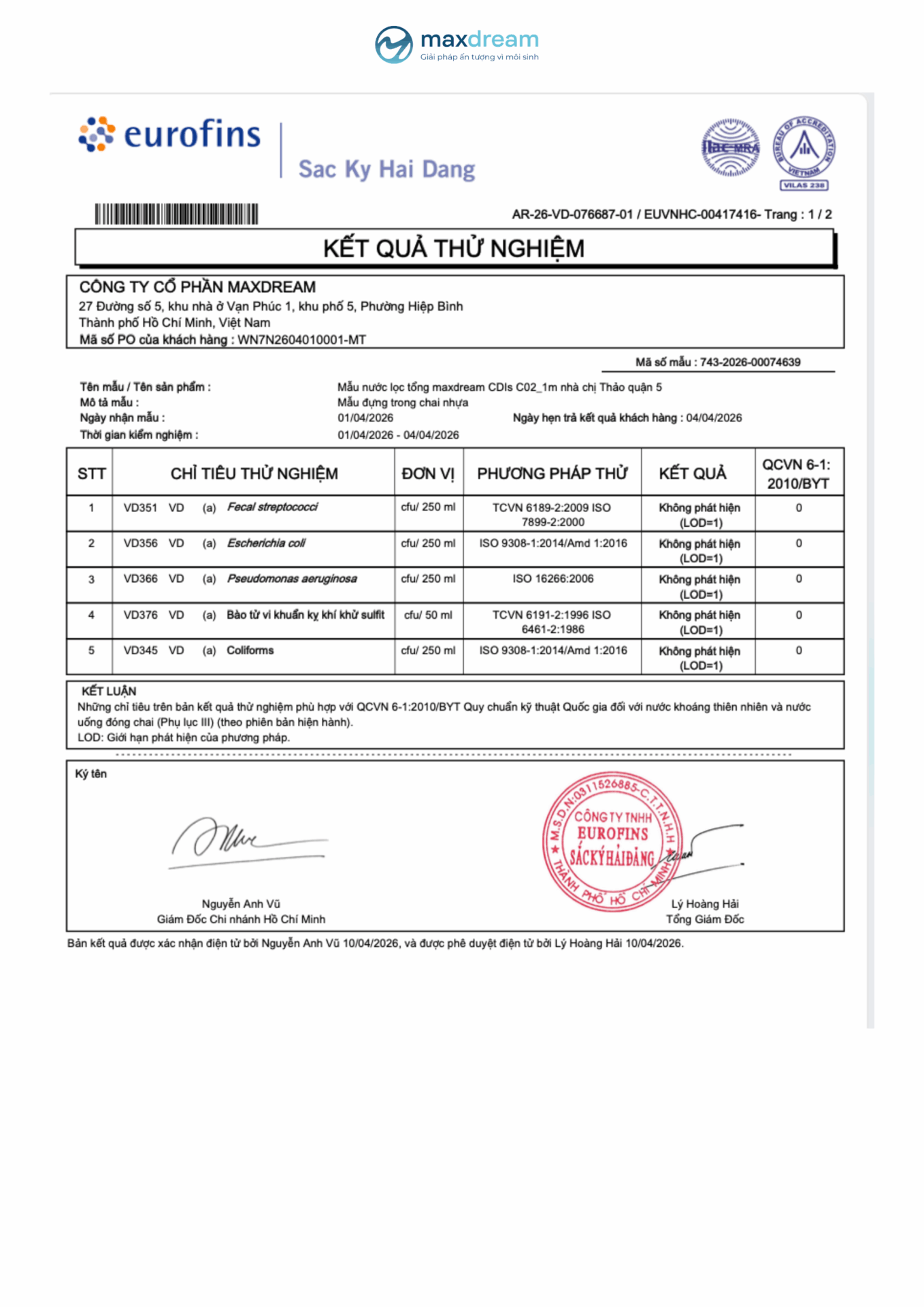 maxdream ket qua kiem dinh may loc tong maxdream chi tieu vi sinh